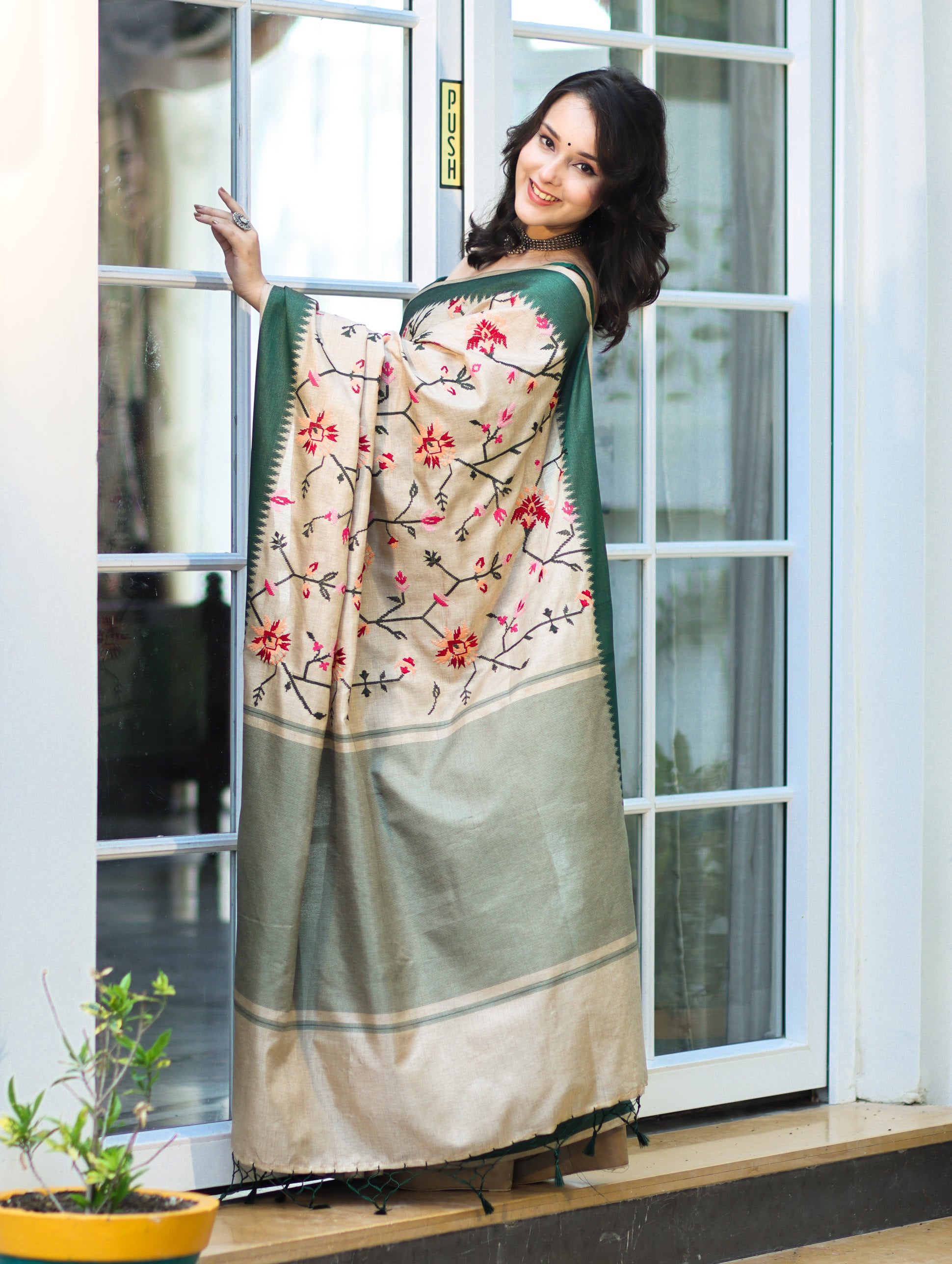 Banarasee Semi-Tussar Saree With Embroidered Floral Motifs & Border-Beige & Green