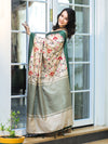 Banarasee Semi-Tussar Saree With Embroidered Floral Motifs & Border-Beige & Green
