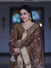 Banarasee Semi-Silk Zari Work Salwar Kameez Fabric With Digital Printed Dupatta Set-Brown