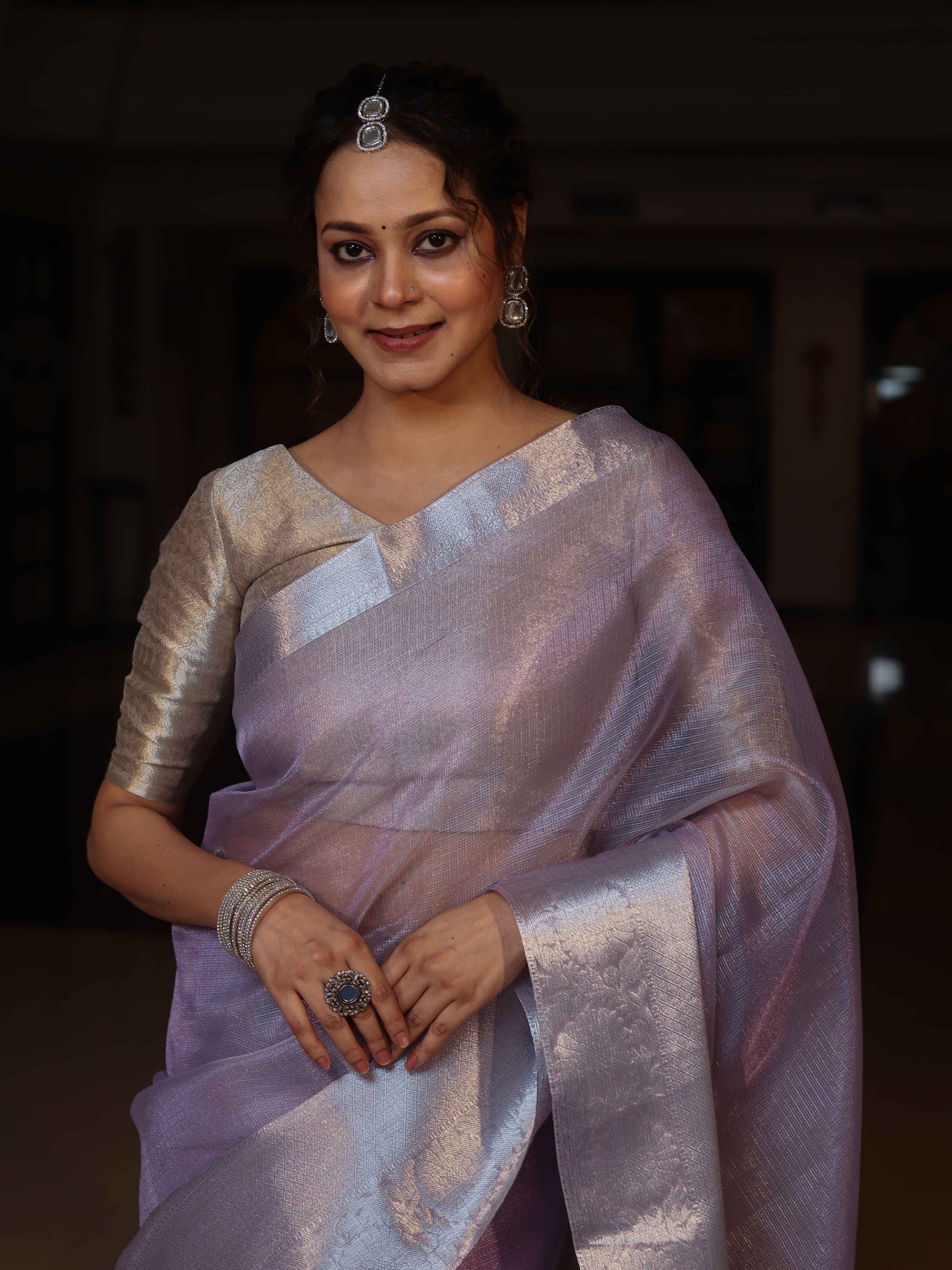 Banarasee Handloom Tissue Saree With Silver Zari Border-Lavender