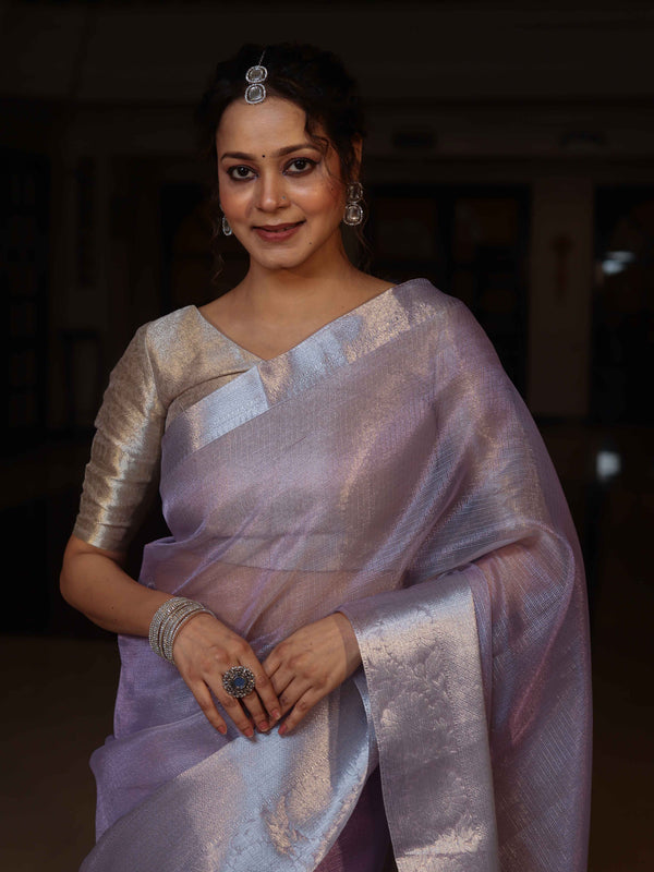 Banarasee Handloom Tissue Saree With Silver Zari Border-Lavender