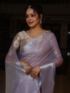 Banarasee Handloom Tissue Saree With Silver Zari Border-Lavender