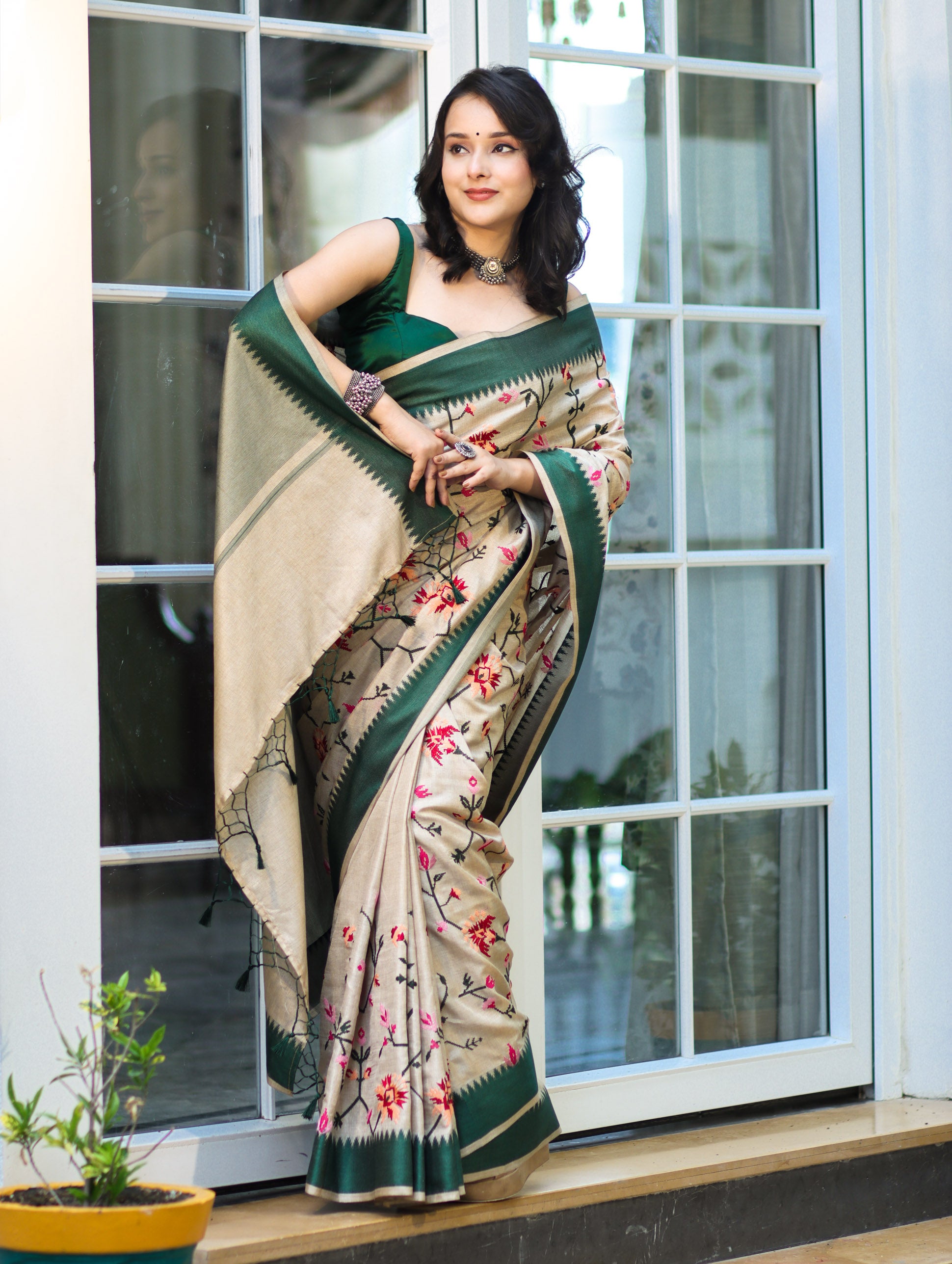 Banarasee Semi-Tussar Saree With Embroidered Floral Motifs & Border-Beige & Green