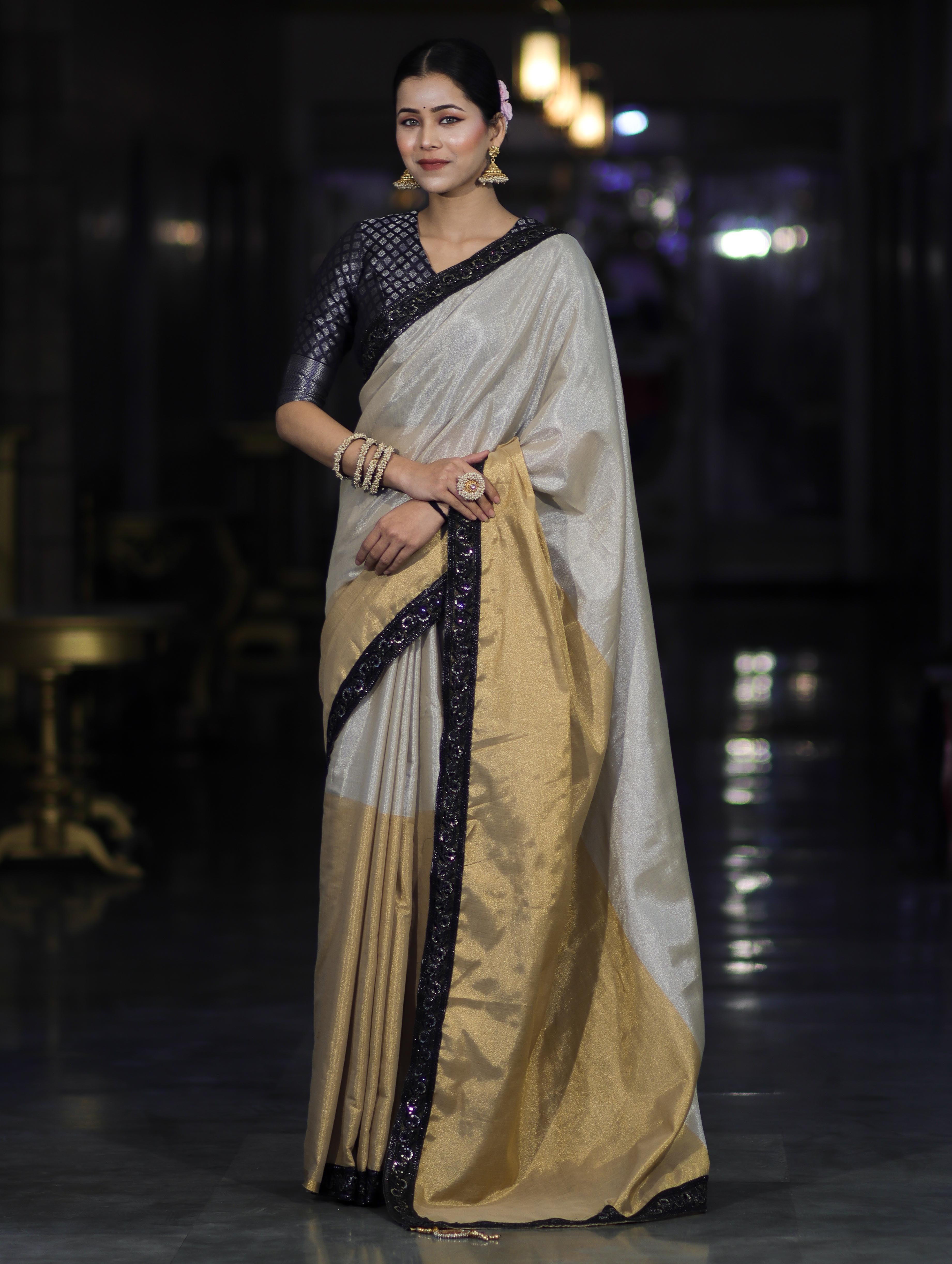 Banarasee Handloom Dual Color Plain Tissue Saree With Lace-Gold & Silver