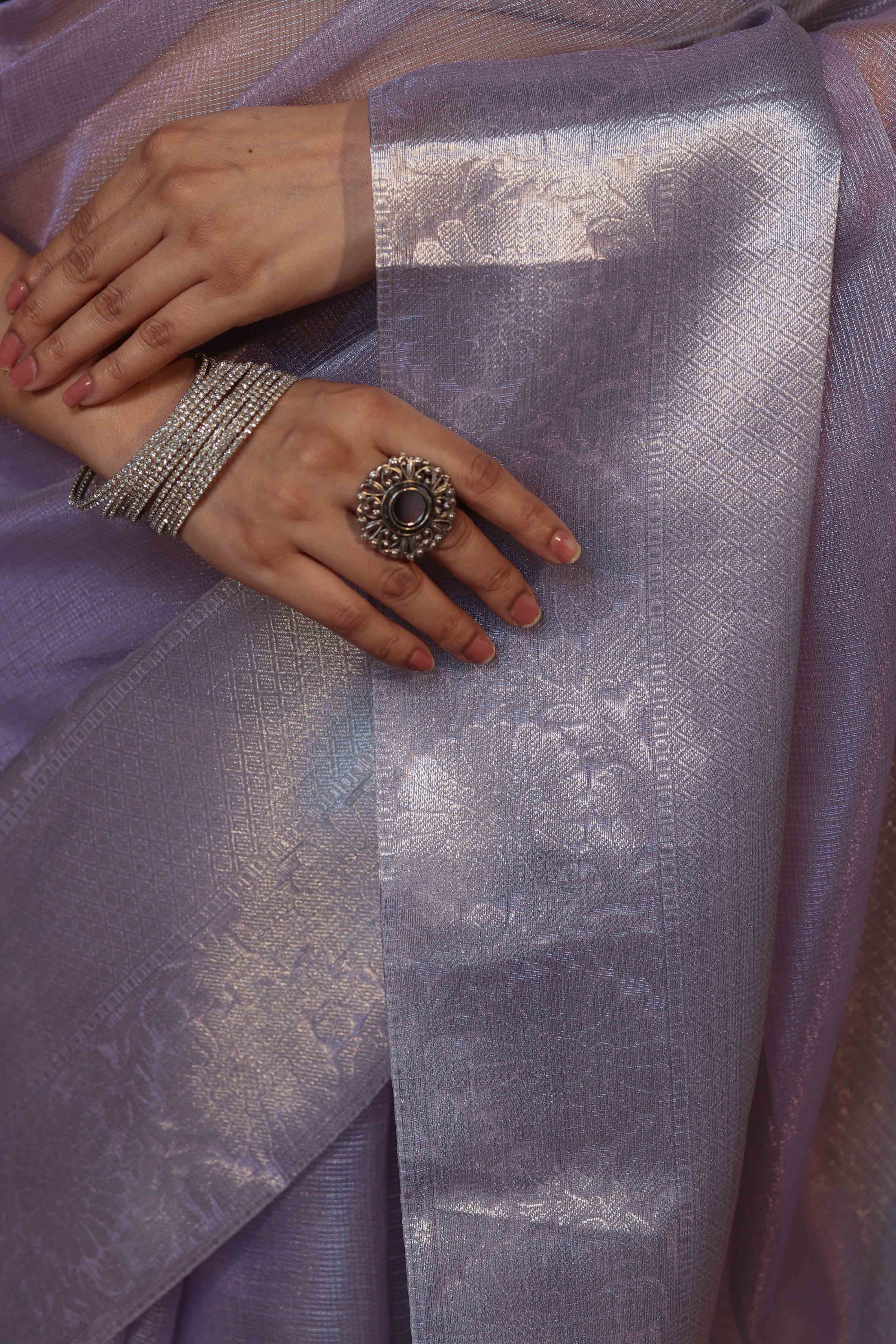 Banarasee Handloom Tissue Saree With Silver Zari Border-Lavender