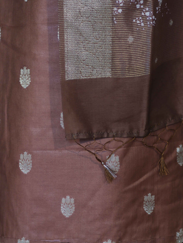 Banarasee Semi-Silk Zari Work Salwar Kameez Fabric With Digital Printed Dupatta Set-Brown