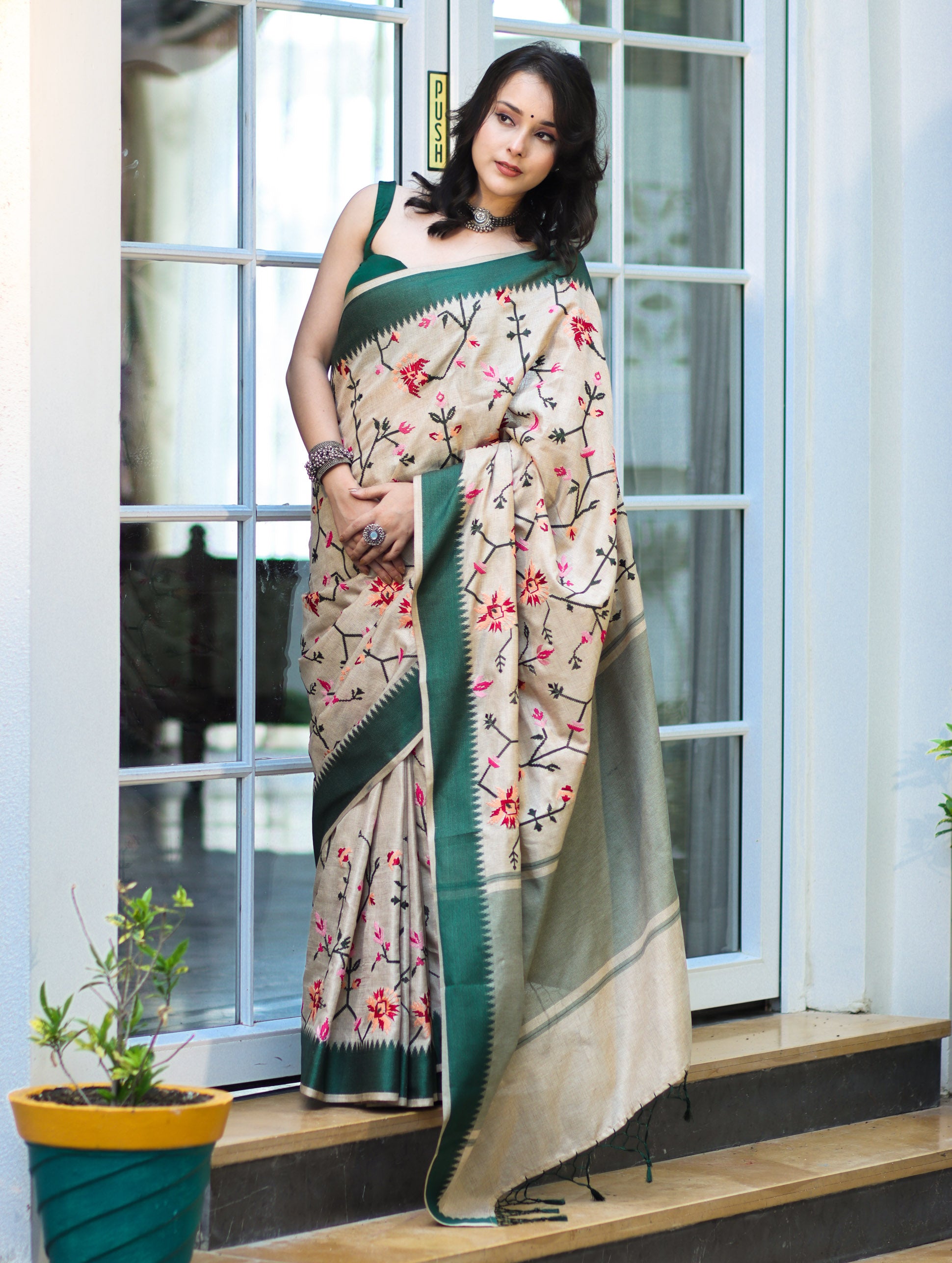 Banarasee Semi-Tussar Saree With Embroidered Floral Motifs & Border-Beige & Green