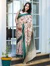 Banarasee Semi-Tussar Saree With Embroidered Floral Motifs & Border-Beige & Green