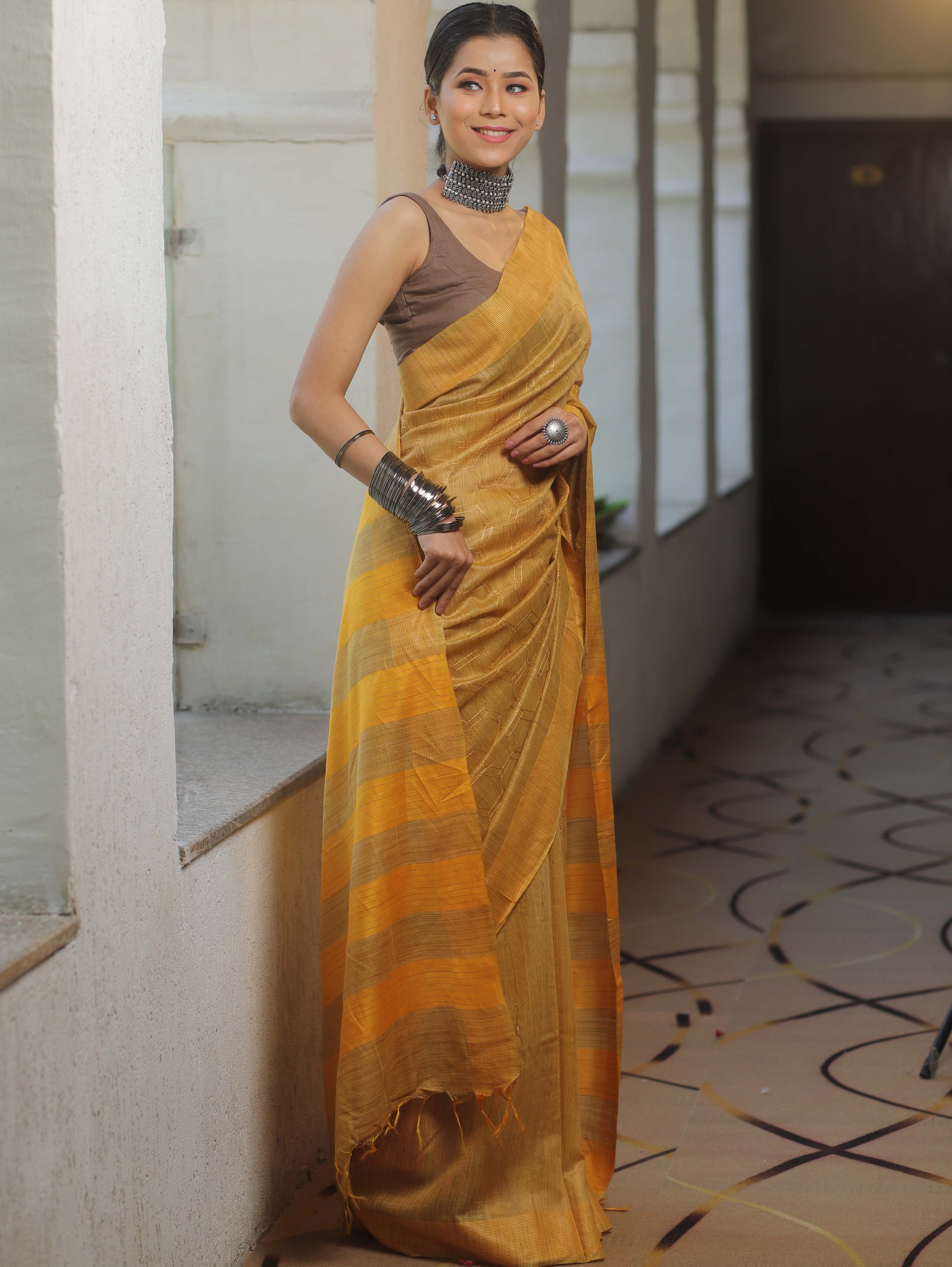 Bhagalpur Cotton Silk Ghichha Work Embroidered Saree-Yellow