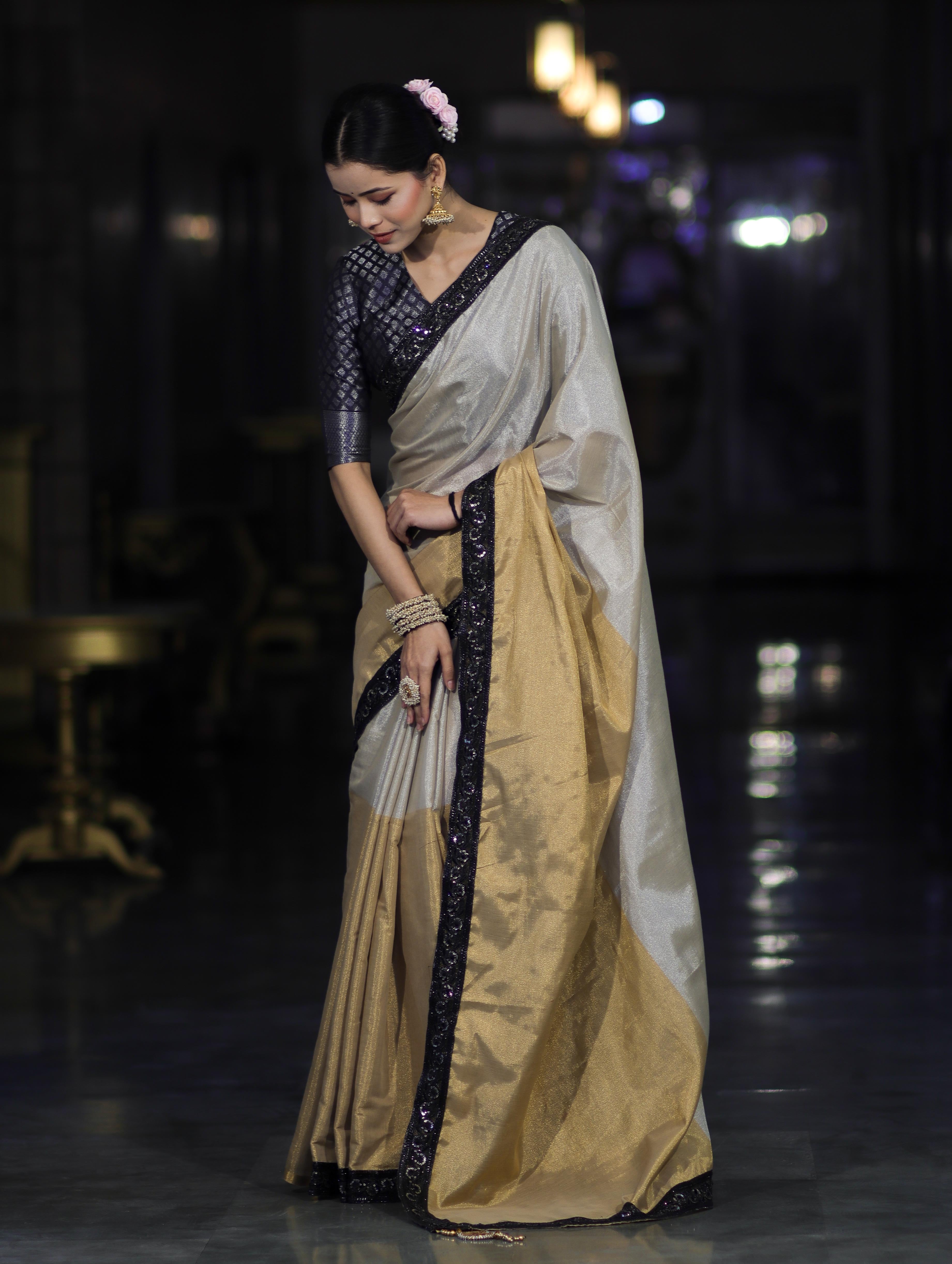 Banarasee Handloom Dual Color Plain Tissue Saree With Lace-Gold & Silver