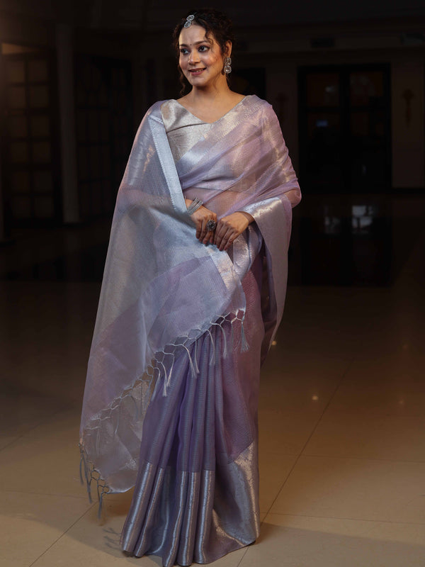 Banarasee Handloom Tissue Saree With Silver Zari Border-Lavender