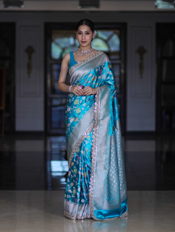 Banarasee Handloom Mashru Silk Saree With Jaal Design & Lace Border-Sky Blue