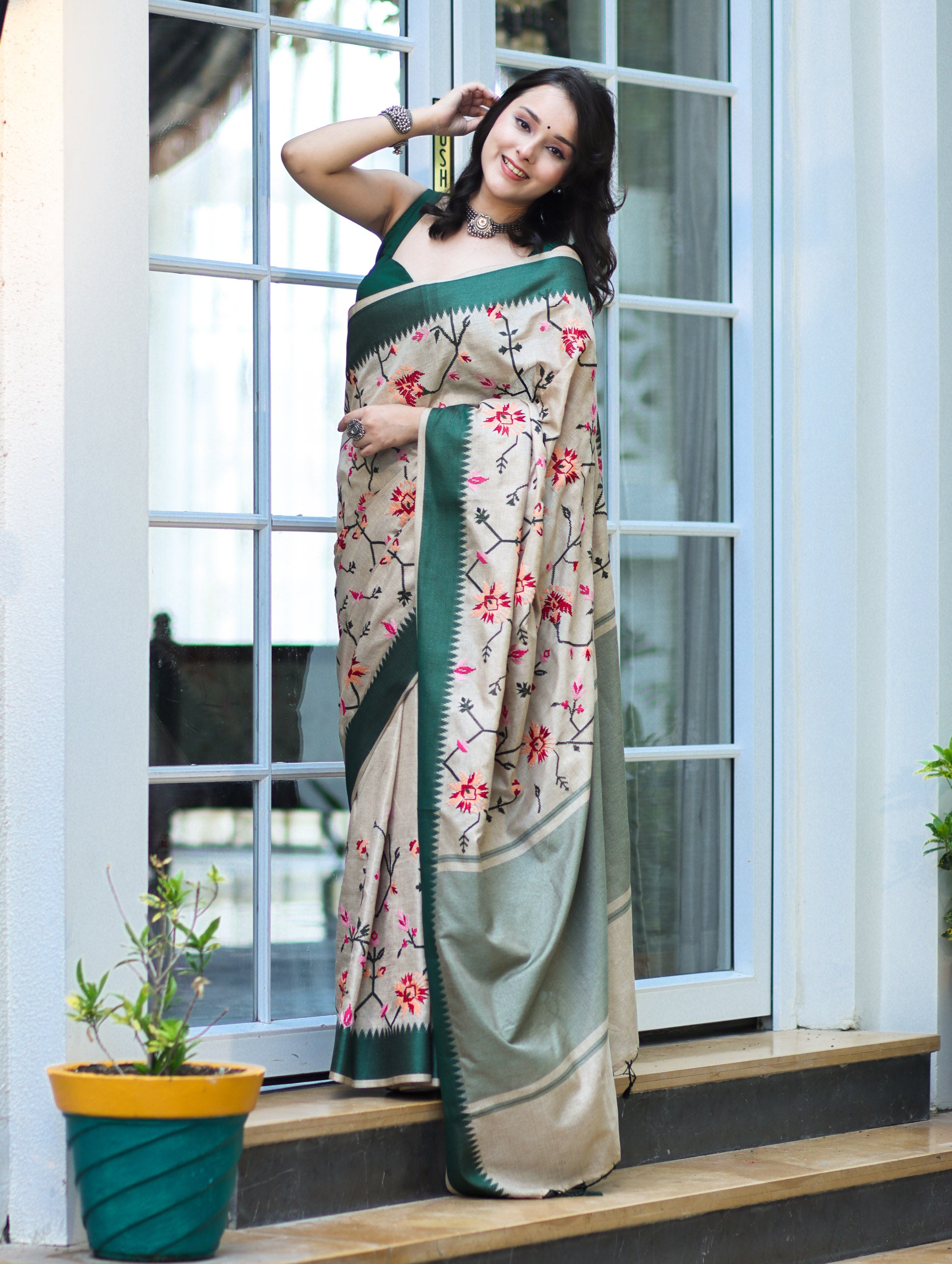 Banarasee Semi-Tussar Saree With Embroidered Floral Motifs & Border-Beige & Green