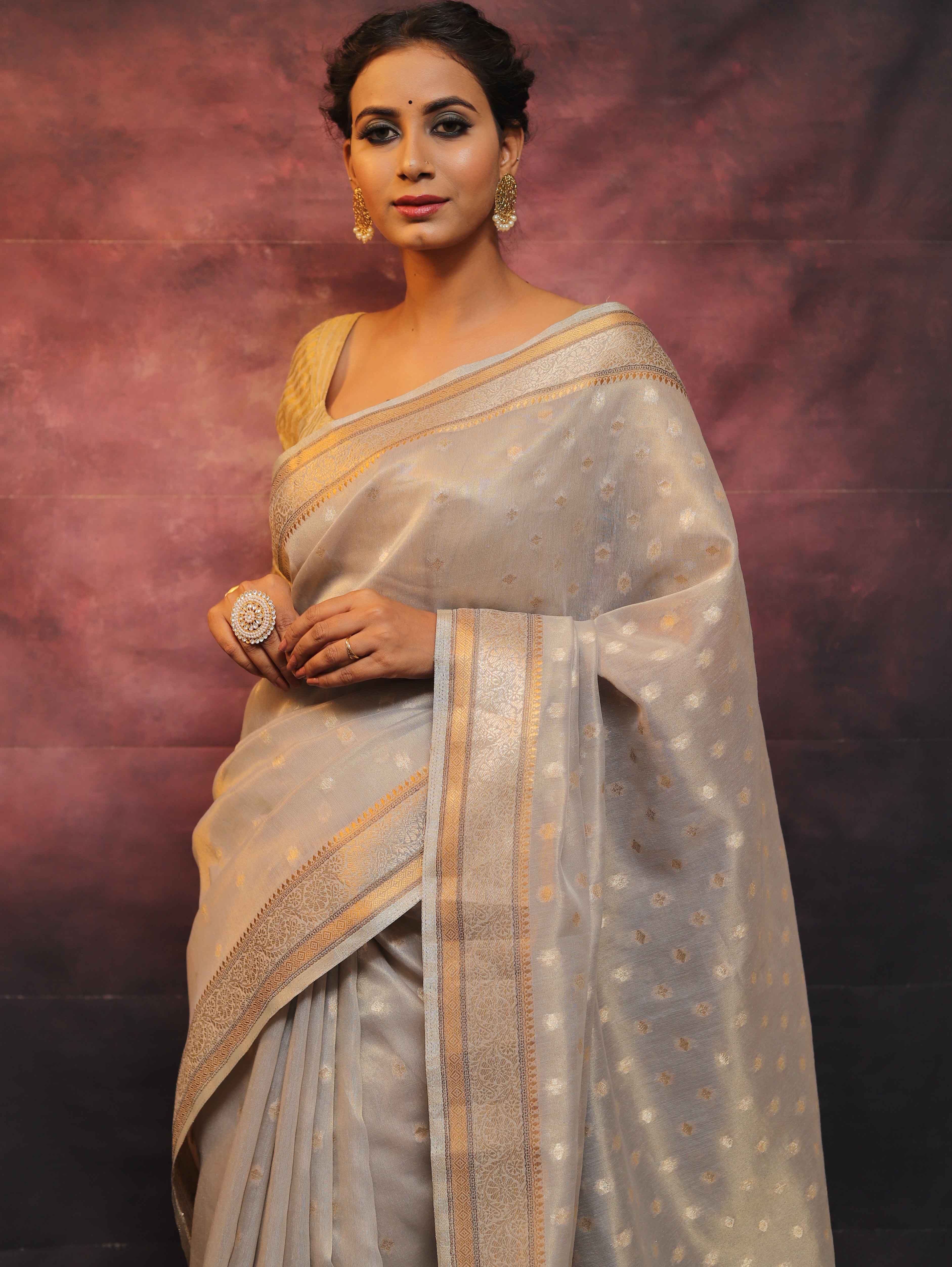 Banarasee Handwoven Zari Border Soft Tissue Saree-Grey