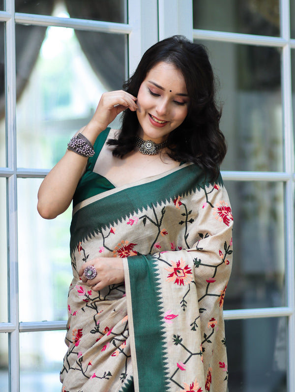 Banarasee Semi-Tussar Saree With Embroidered Floral Motifs & Border-Beige & Green