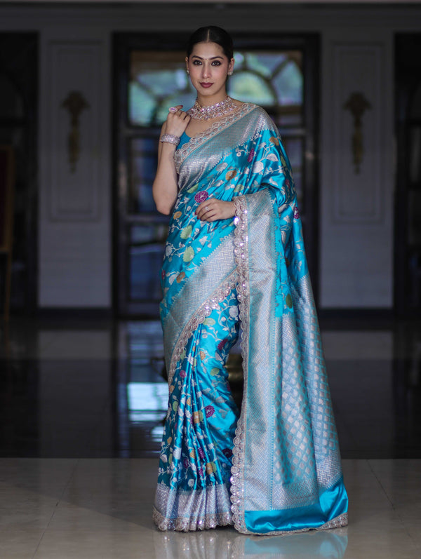Banarasee Handloom Mashru Silk Saree With Jaal Design & Lace Border-Sky Blue