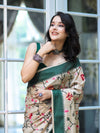 Banarasee Semi-Tussar Saree With Embroidered Floral Motifs & Border-Beige & Green
