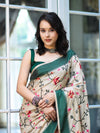 Banarasee Semi-Tussar Saree With Embroidered Floral Motifs & Border-Beige & Green