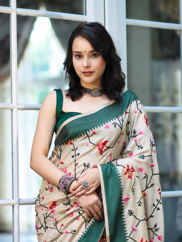 Banarasee Semi-Tussar Saree With Embroidered Floral Motifs & Border-Beige & Green