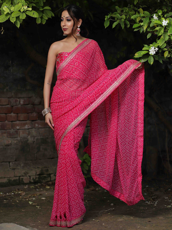 Banarasee Georgette Embroidered Chunari Print Saree-Pink