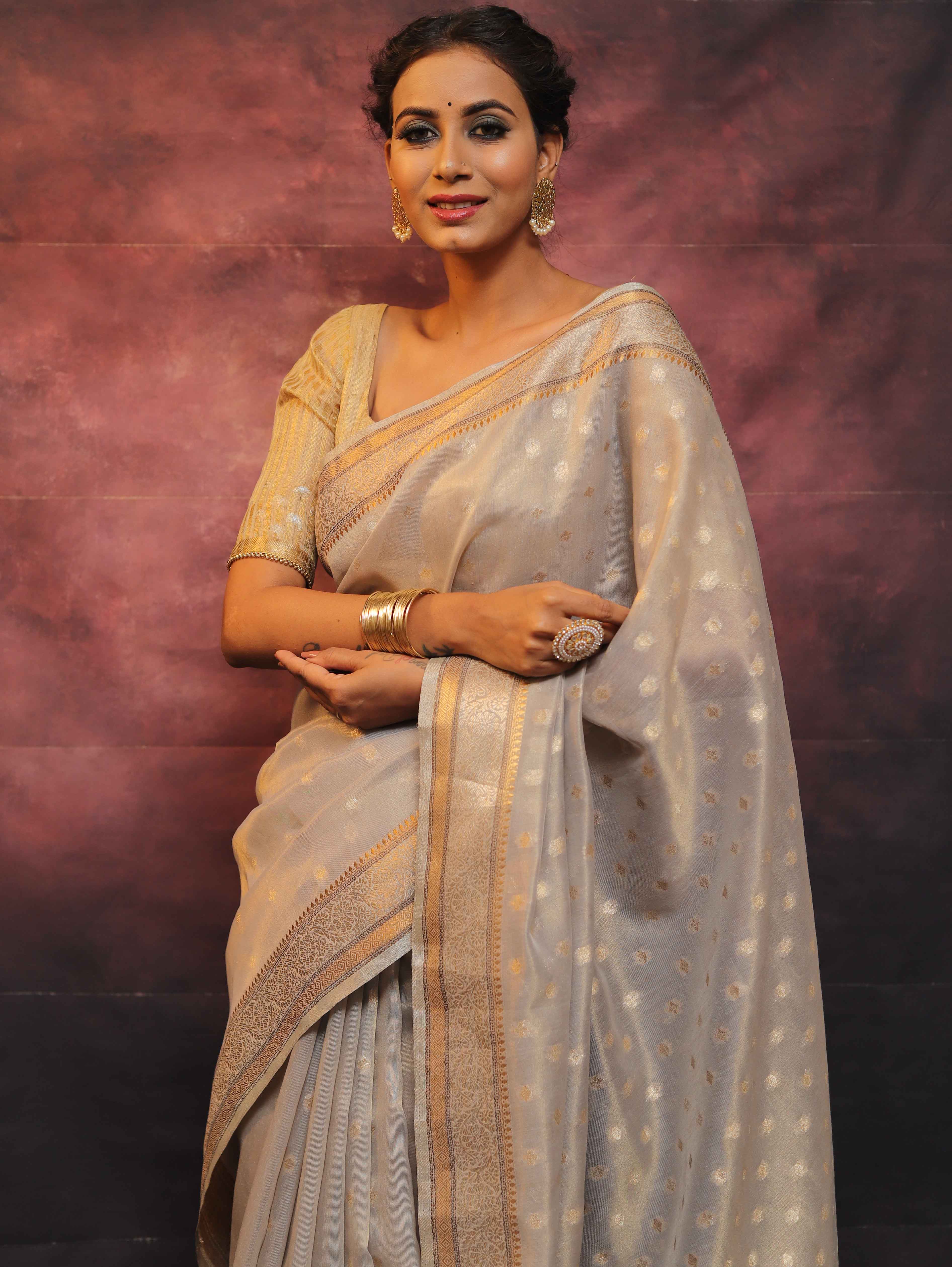 Banarasee Handwoven Zari Border Soft Tissue Saree-Grey