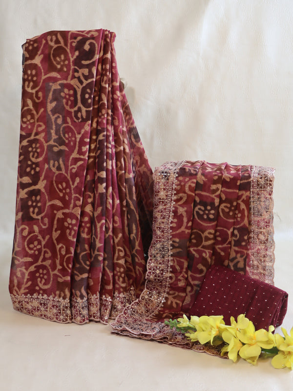 Banarasee Chiffon Printed Saree & Hand Work With Scallop Border-Brown