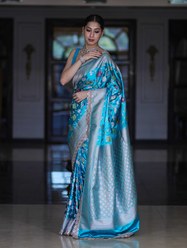 Banarasee Handloom Mashru Silk Saree With Jaal Design & Lace Border-Sky Blue