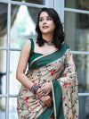 Banarasee Semi-Tussar Saree With Embroidered Floral Motifs & Border-Beige & Green