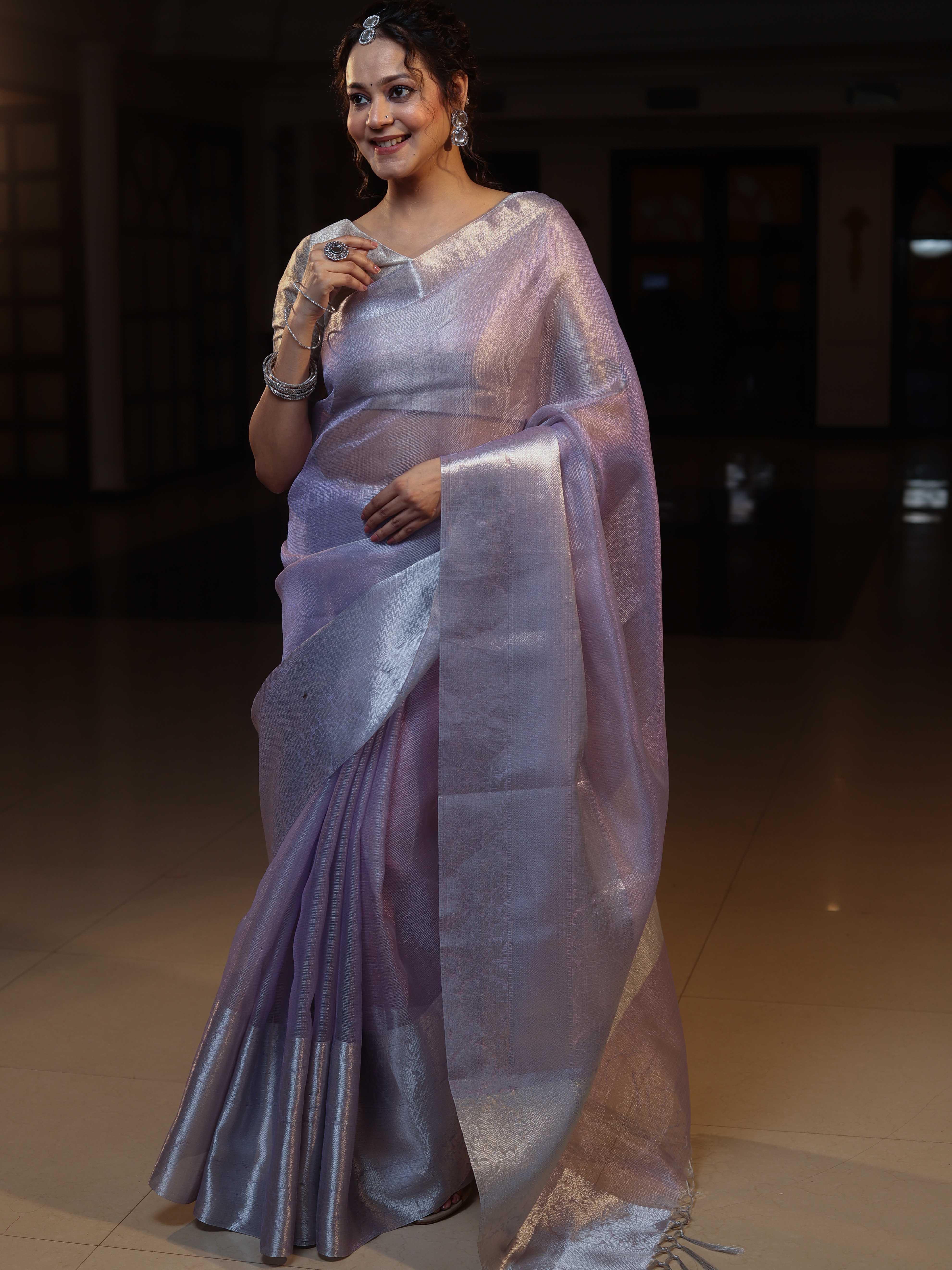 Banarasee Handloom Tissue Saree With Silver Zari Border-Lavender