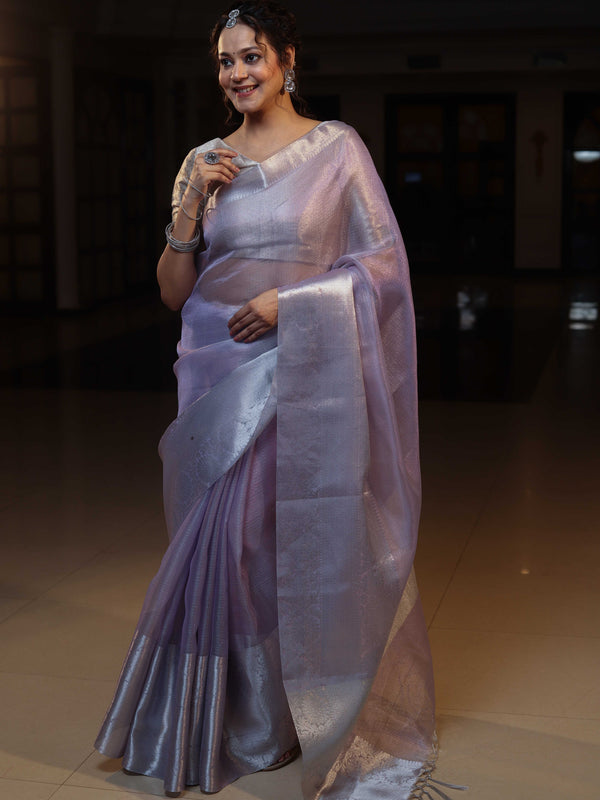 Banarasee Handloom Tissue Saree With Silver Zari Border-Lavender