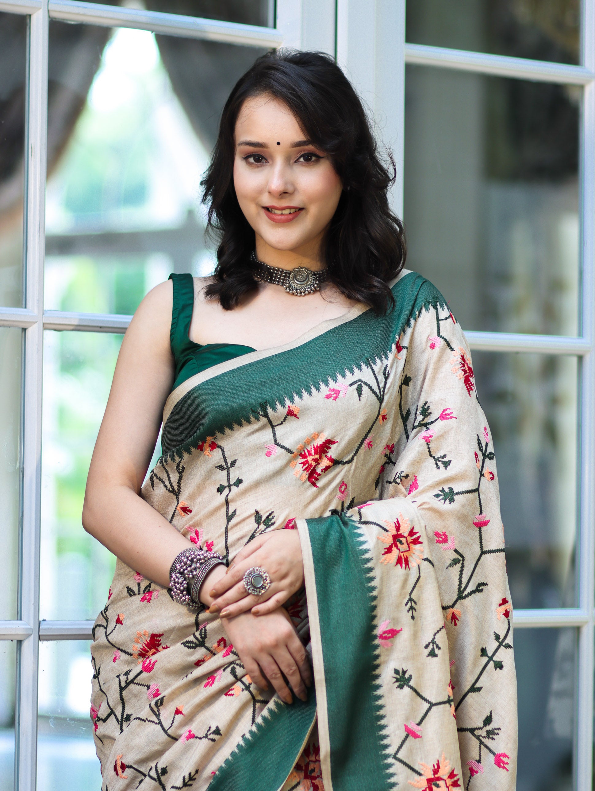 Banarasee Semi-Tussar Saree With Embroidered Floral Motifs & Border-Beige & Green