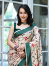 Banarasee Semi-Tussar Saree With Embroidered Floral Motifs & Border-Beige & Green