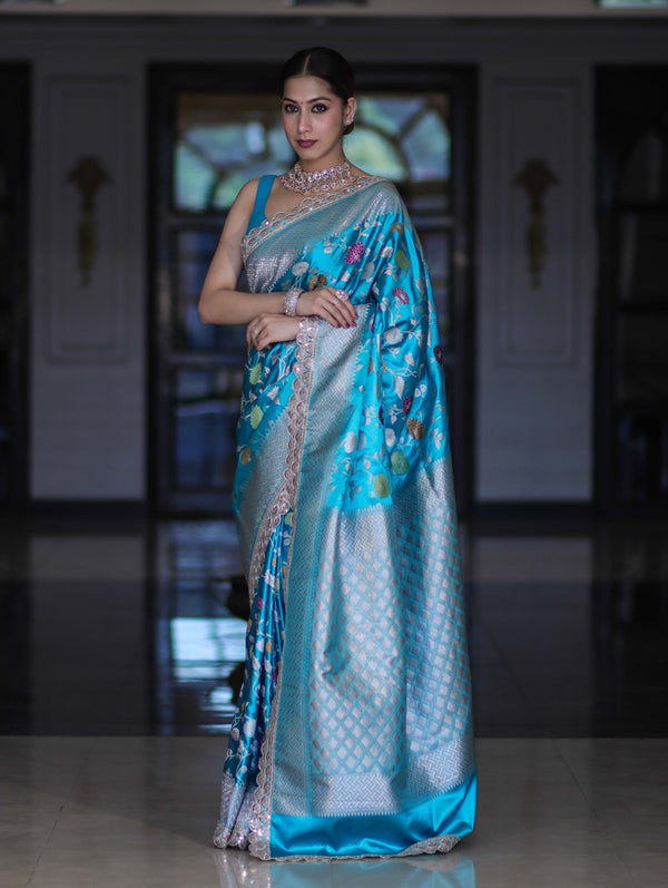 Banarasee Handloom Mashru Silk Saree With Jaal Design & Lace Border-Sky Blue