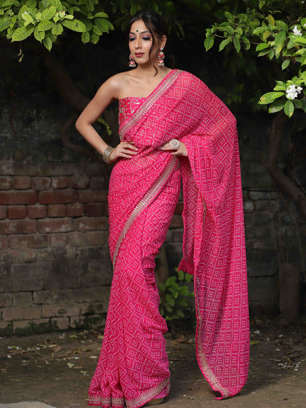Banarasee Georgette Embroidered Chunari Print Saree-Pink