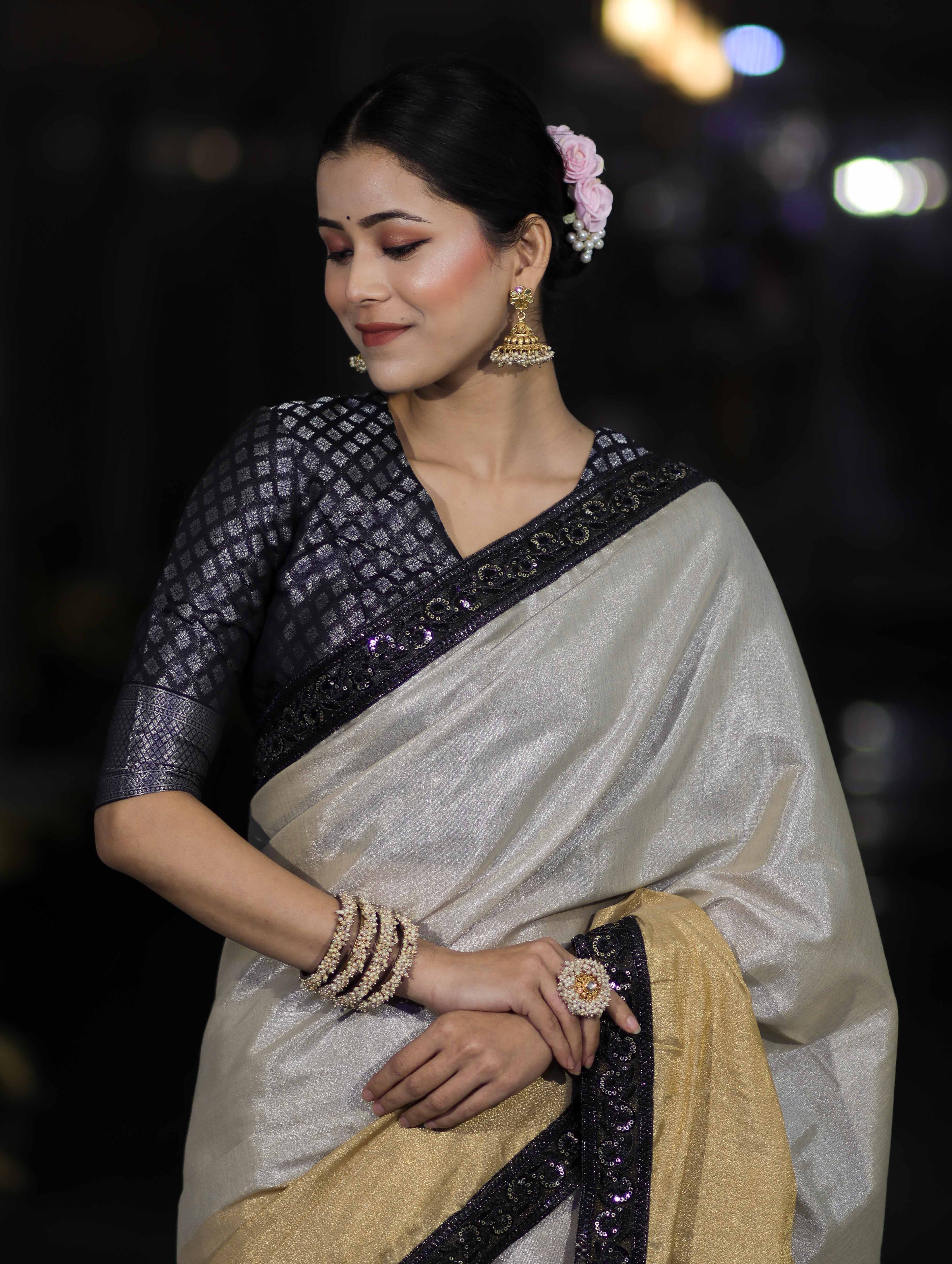 Banarasee Handloom Dual Color Plain Tissue Saree With Lace-Gold & Silver