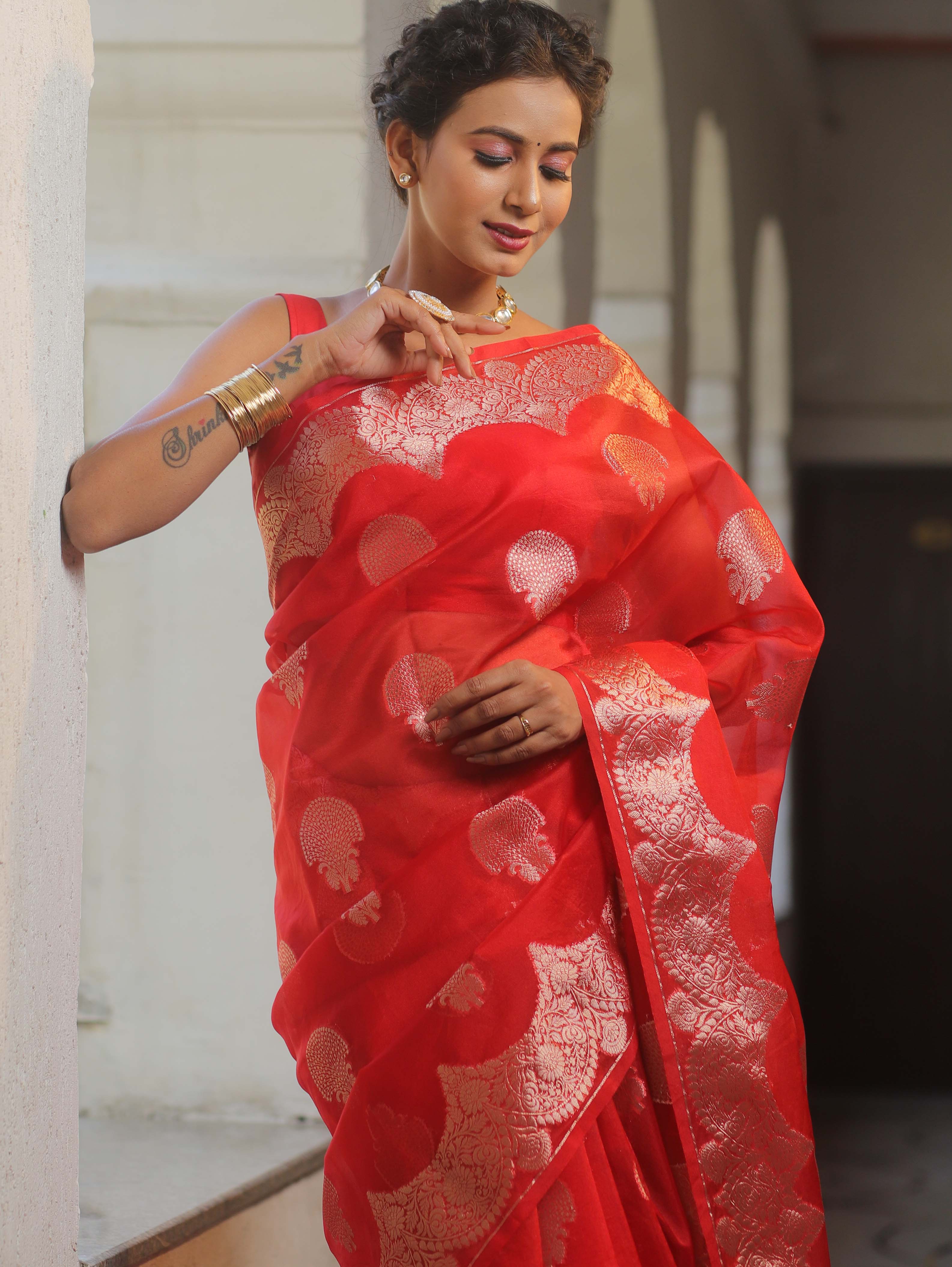 Banarasee Organza Mix Saree With Zari Buta & Scallop Border Design-Red