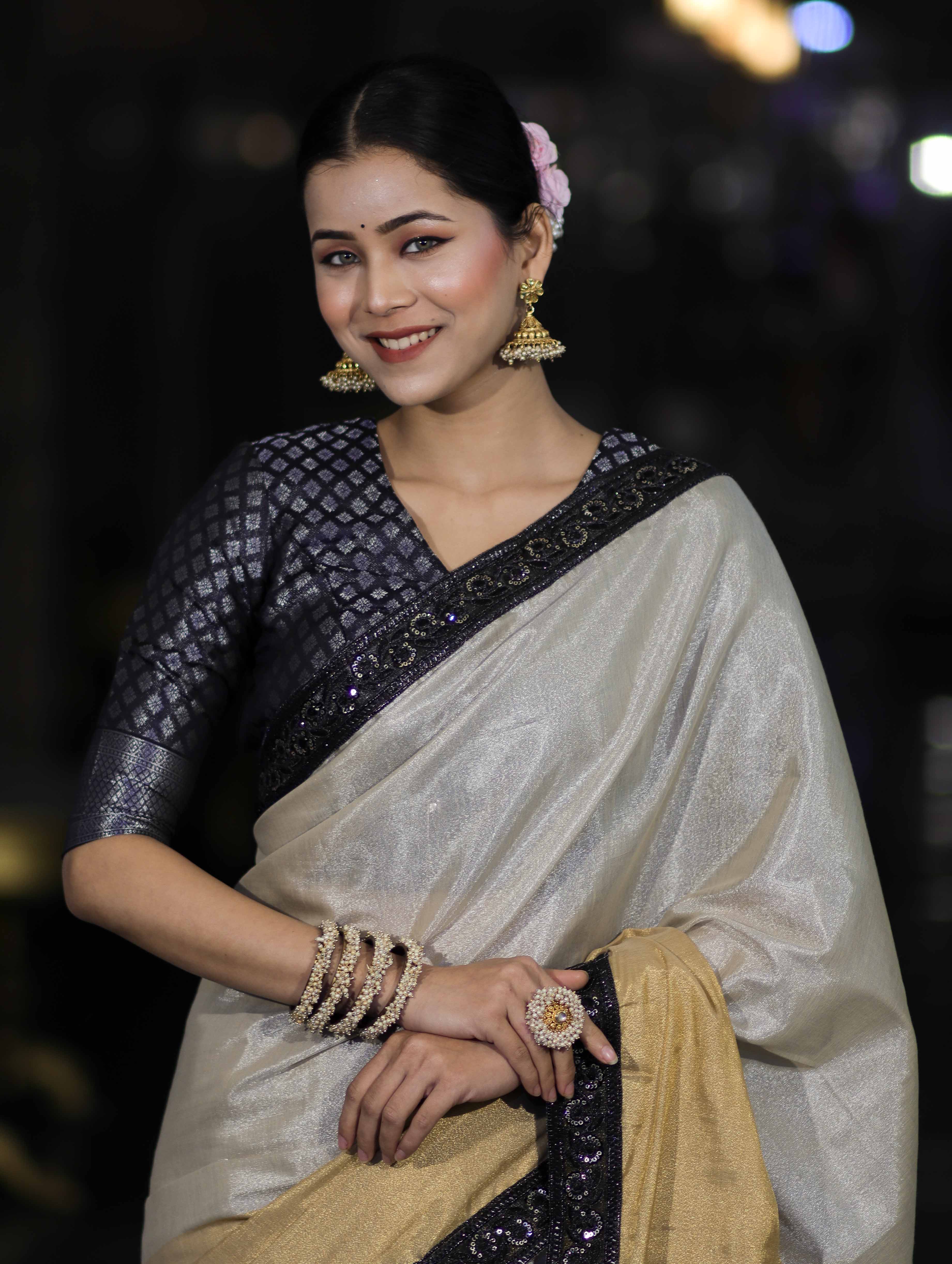 Banarasee Handloom Dual Color Plain Tissue Saree With Lace-Gold & Silver