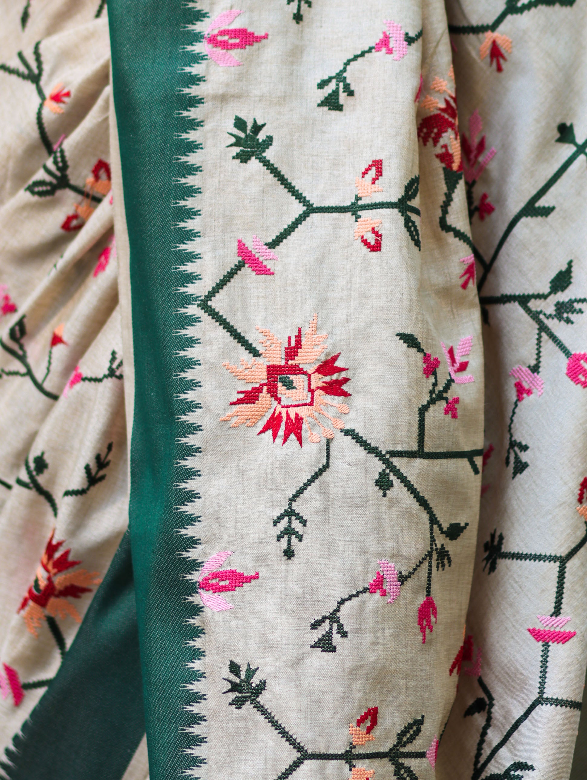 Banarasee Semi-Tussar Saree With Embroidered Floral Motifs & Border-Beige & Green