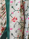 Banarasee Semi-Tussar Saree With Embroidered Floral Motifs & Border-Beige & Green