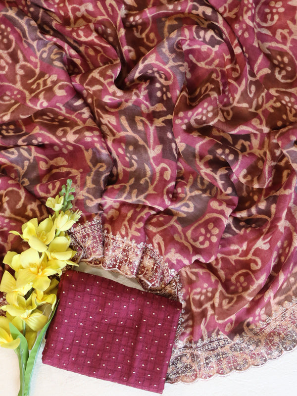 Banarasee Chiffon Printed Saree & Hand Work With Scallop Border-Brown