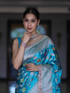 Banarasee Handloom Mashru Silk Saree With Jaal Design & Lace Border-Sky Blue