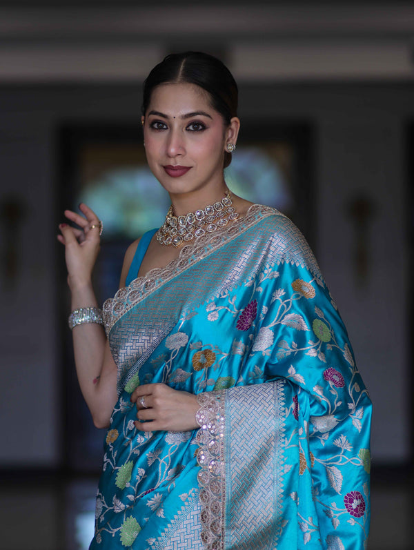 Banarasee Handloom Mashru Silk Saree With Jaal Design & Lace Border-Sky Blue