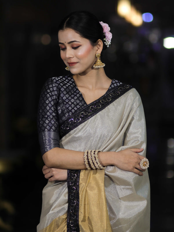 Banarasee Handloom Dual Color Plain Tissue Saree With Lace-Gold & Silver