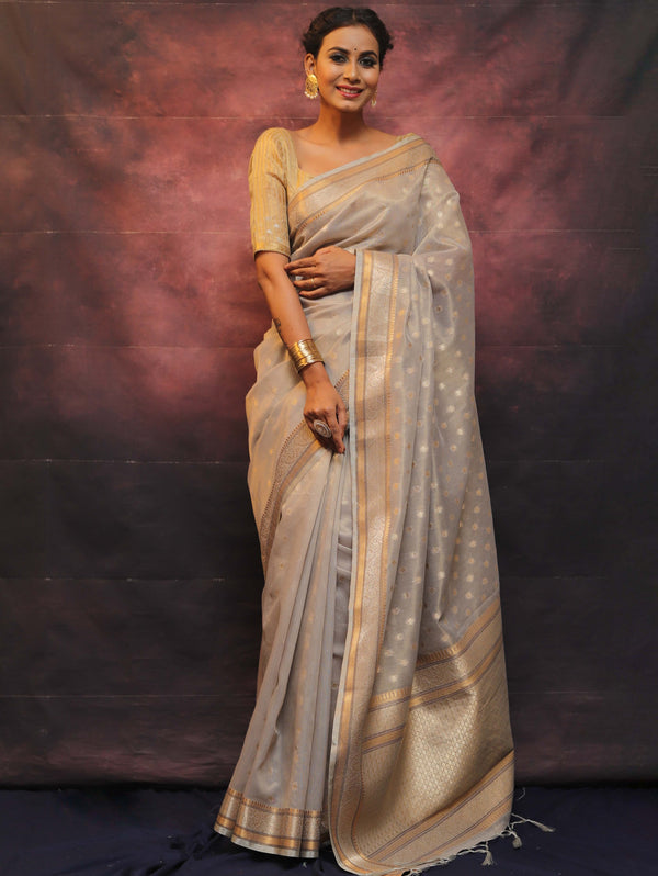 Banarasee Handwoven Zari Border Soft Tissue Saree-Grey