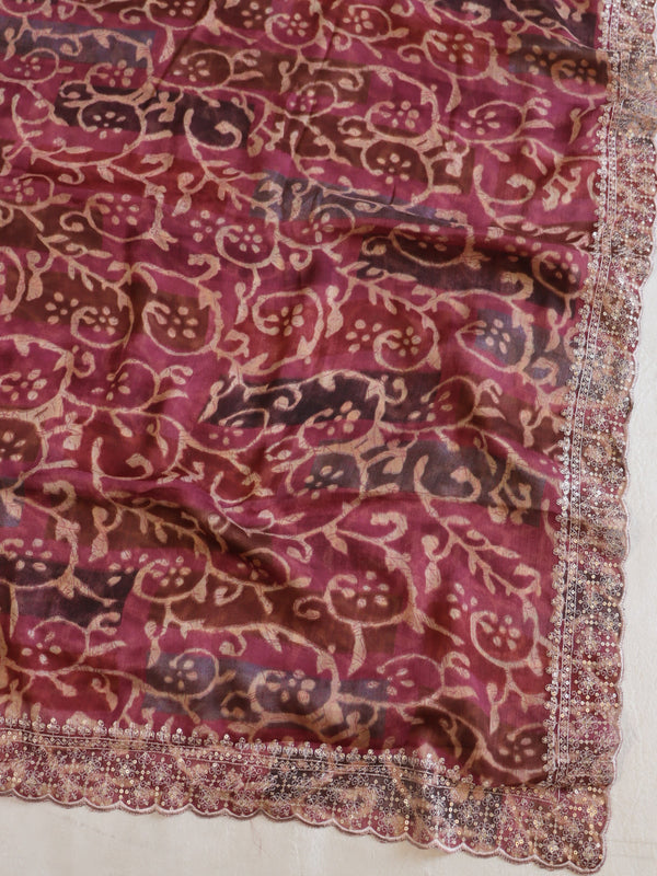 Banarasee Chiffon Printed Saree & Hand Work With Scallop Border-Brown