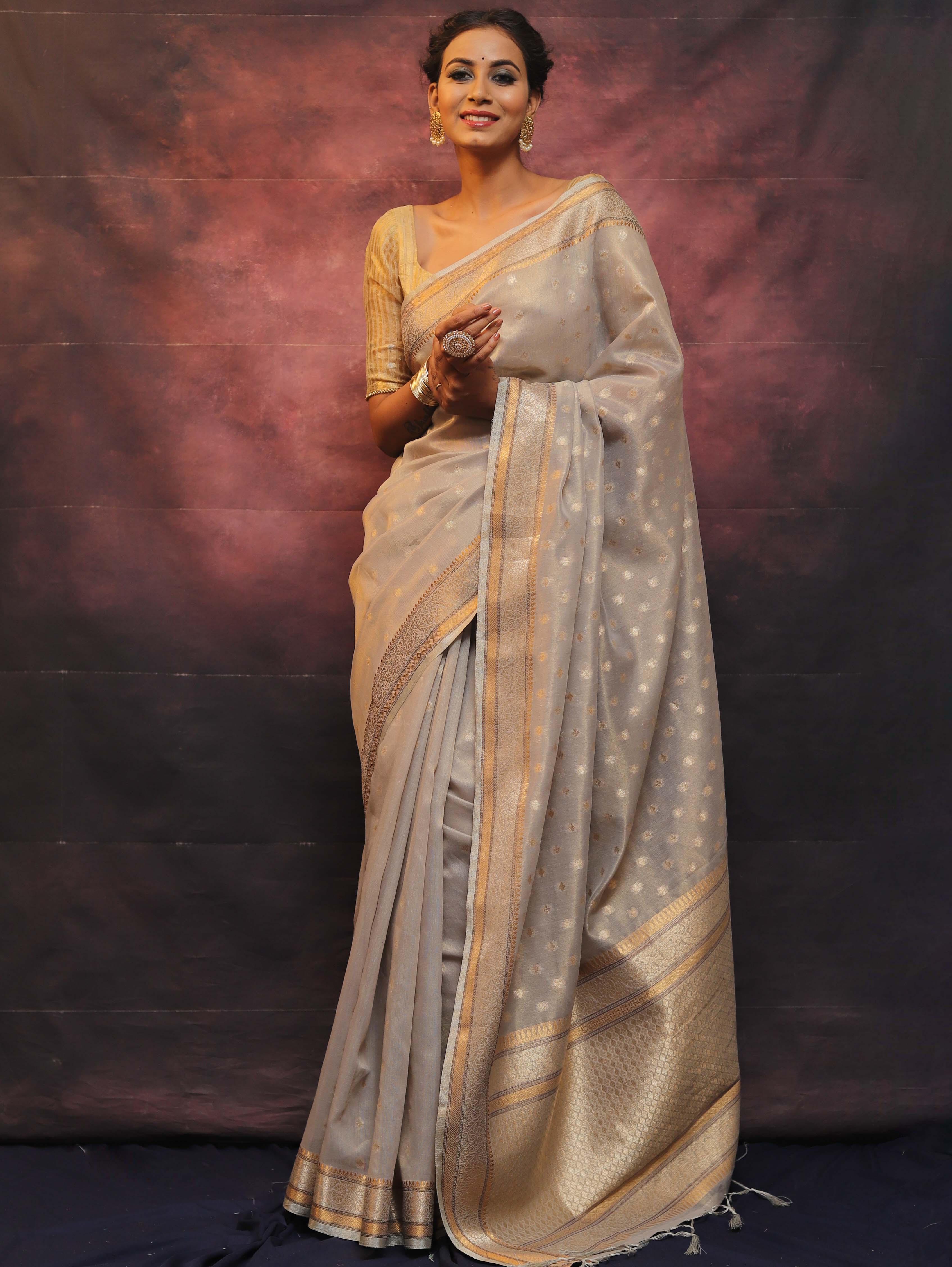 Banarasee Handwoven Zari Border Soft Tissue Saree-Grey