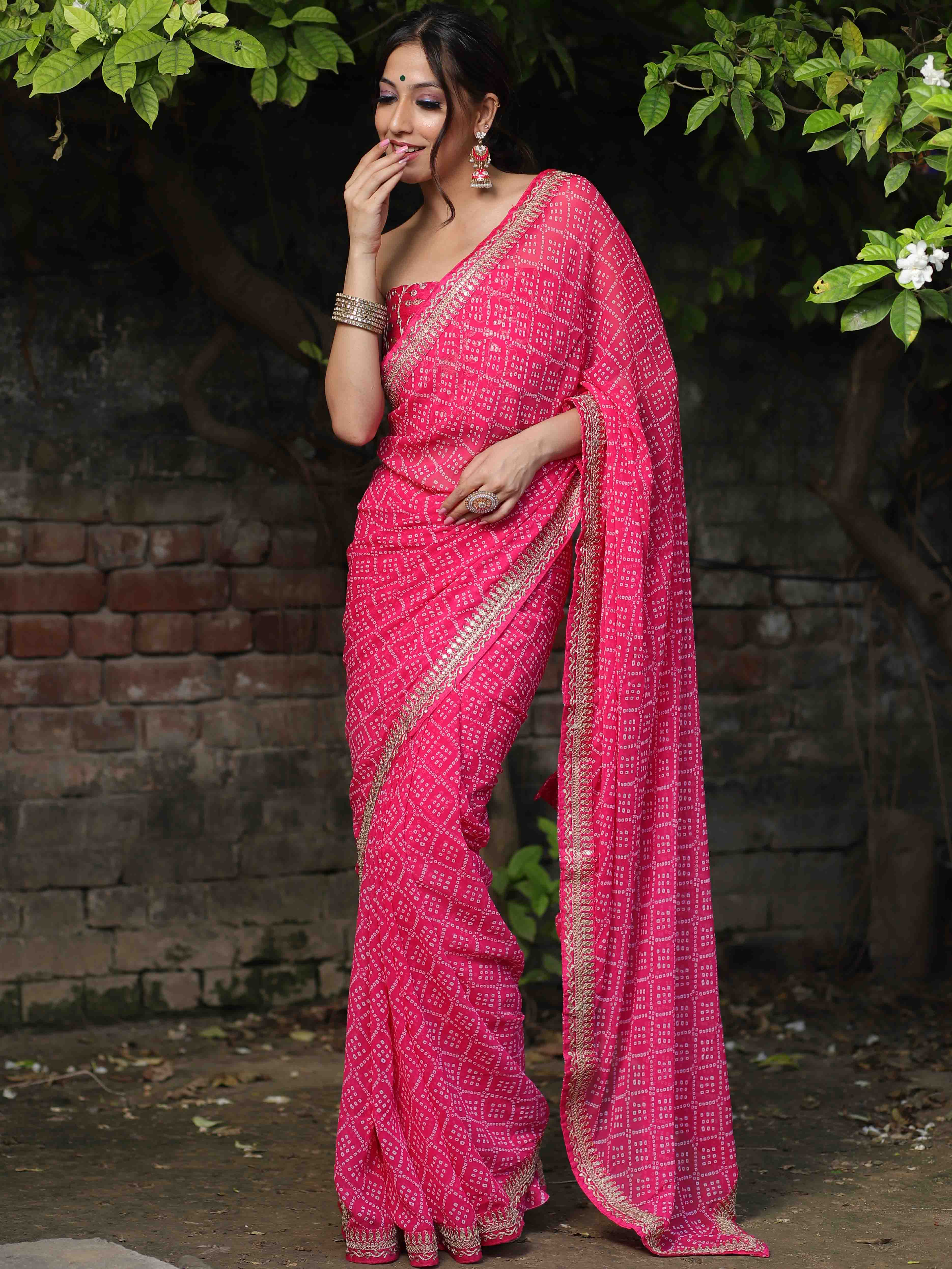 Banarasee Georgette Embroidered Chunari Print Saree-Pink