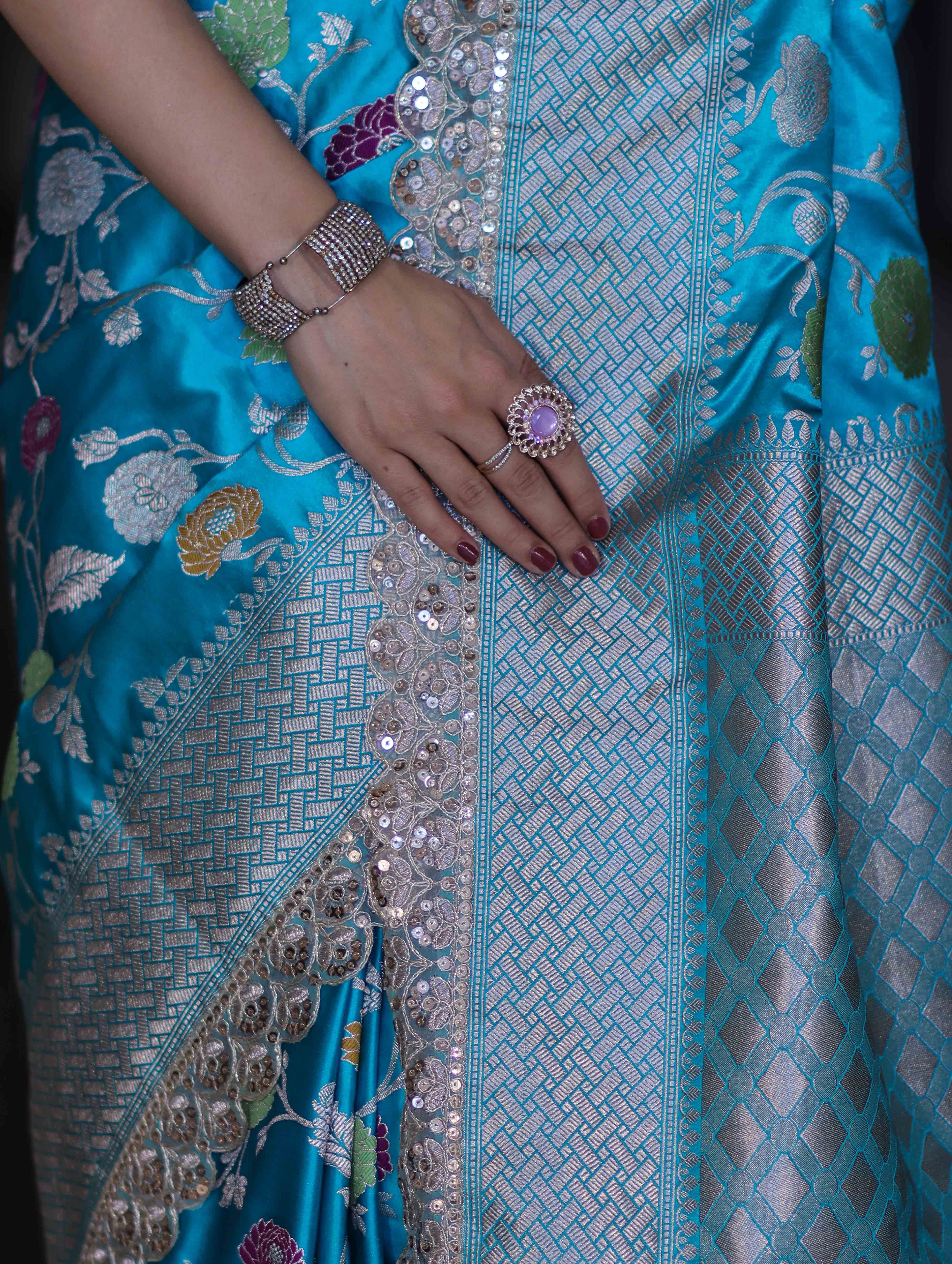 Banarasee Handloom Mashru Silk Saree With Jaal Design & Lace Border-Sky Blue