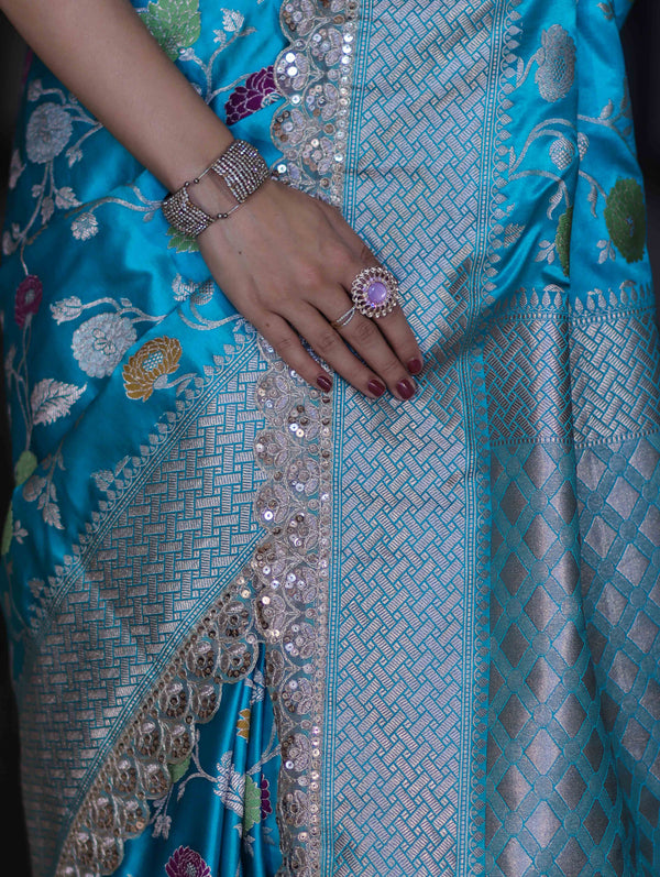 Banarasee Handloom Mashru Silk Saree With Jaal Design & Lace Border-Sky Blue