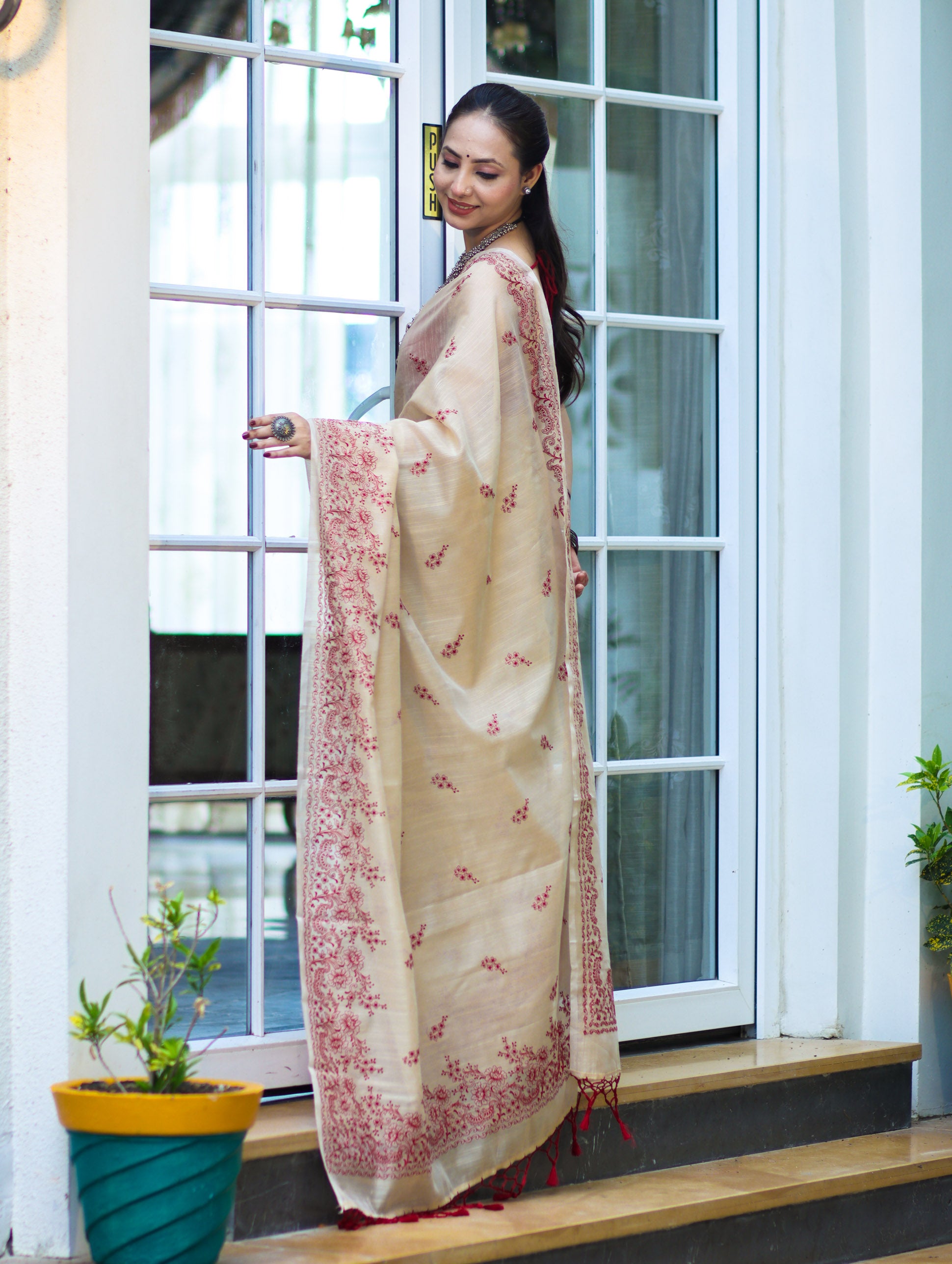 Banarasee Handloom Chanderi Cotton Saree With Hand Embroidered Floral Design-Beige
